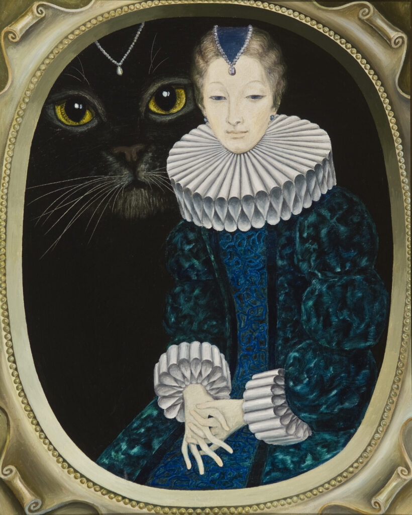 kobieta w niebieskiej sukni z kryzą, w tle kot, wokół obrazu malowana owalna rama